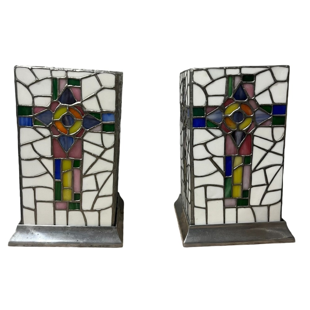 Vintage ROYAL LTD CRYSTAL Candle Holder STAINED GLASS CROSS EASTER DESIGN Set 2